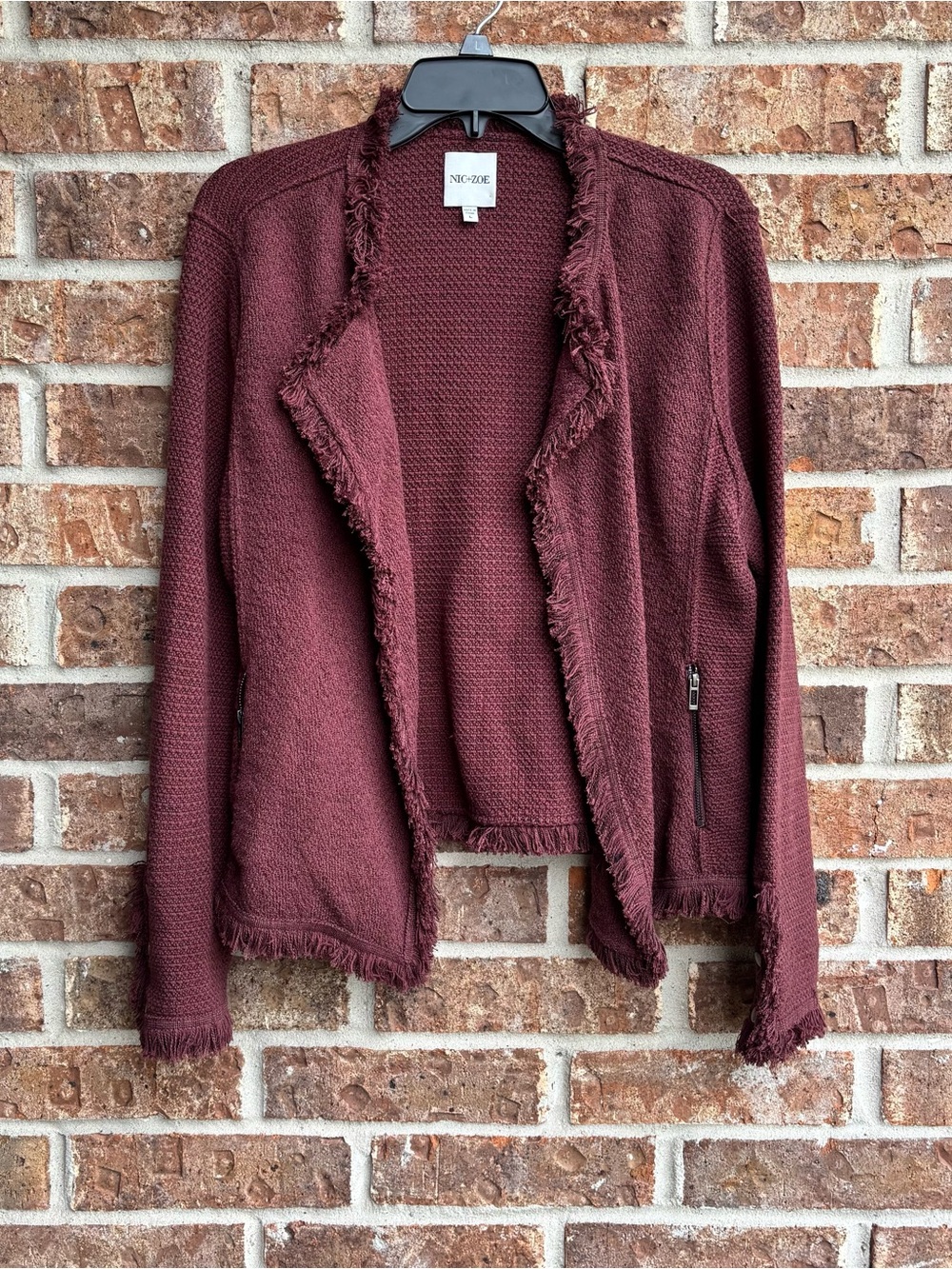 NIC+ZOE Burgundy Fringe Open-Front Knit Jacket